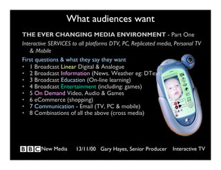 What audiences want
THE EVER CHANGING MEDIA ENVIRONMENT - Part One
Interactive SERVICES to all platforms DTV, PC, Replicat...