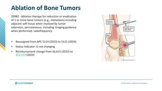 © Health Catalyst. Confidential and Proprietary.
Ablation of Bone Tumors
20982 - Ablation therapy for reduction or eradication
of 1 or more bone tumors (e.g., metastasis) including
adjacent soft tissue when involved by tumor
extension, percutaneous, including imaging guidance
when performed; radiofrequency
 Reassigned from APC 5114 (2023) to 5115 (2024)
 Status Indicator J1 not changing
 Reimbursement change from $6,615 (2023) to
$12,553 (2024)
 