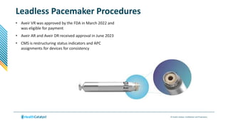 © Health Catalyst. Confidential and Proprietary.
Leadless Pacemaker Procedures
• Aveir VR was approved by the FDA in March 2022 and
was eligible for payment
• Aveir AR and Aveir DR received approval in June 2023
• CMS is restructuring status indicators and APC
assignments for devices for consistency
 