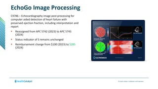 © Health Catalyst. Confidential and Proprietary.
EchoGo Image Processing
C9786 – Echocardiography image post processing for
computer aided detection of heart failure with
preserved ejection fraction, including interpretation and
report
 Reassigned from APC 5742 (2023) to APC 5743
(2024)
 Status indicator of S remains unchanged
 Reimbursement change from $100 (2023) to $285
(2024)
 