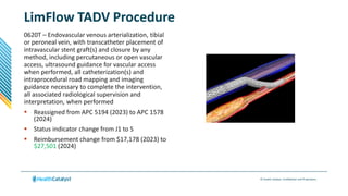 © Health Catalyst. Confidential and Proprietary.
LimFlow TADV Procedure
0620T – Endovascular venous arterialization, tibial
or peroneal vein, with transcatheter placement of
intravascular stent graft(s) and closure by any
method, including percutaneous or open vascular
access, ultrasound guidance for vascular access
when performed, all catheterization(s) and
intraprocedural road mapping and imaging
guidance necessary to complete the intervention,
all associated radiological supervision and
interpretation, when performed
 Reassigned from APC 5194 (2023) to APC 1578
(2024)
 Status indicator change from J1 to S
 Reimbursement change from $17,178 (2023) to
$27,501 (2024)
 