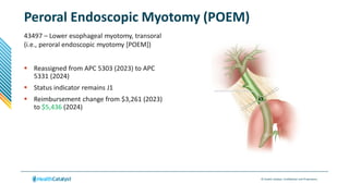 © Health Catalyst. Confidential and Proprietary.
Peroral Endoscopic Myotomy (POEM)
43497 – Lower esophageal myotomy, transoral
(i.e., peroral endoscopic myotomy [POEM])
 Reassigned from APC 5303 (2023) to APC
5331 (2024)
 Status indicator remains J1
 Reimbursement change from $3,261 (2023)
to $5,436 (2024)
 