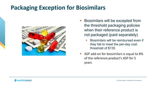 © Health Catalyst. Confidential and Proprietary.
Packaging Exception for Biosimilars
 Biosimilars will be excepted from
the threshold packaging policies
when their reference product is
not packaged (paid separately)
 Biosimilars will be reimbursed even if
they fail to meet the per-day cost
threshold of $135
 ASP add-on for biosimilars is equal to 8%
of the reference product’s ASP for 5
years
 