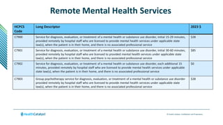 © Health Catalyst. Confidential and Proprietary.
Remote Mental Health Services
HCPCS
Code
Long Descriptor 2023 $
C7900 Service for diagnosis, evaluation, or treatment of a mental health or substance use disorder, initial 15-29 minutes,
provided remotely by hospital staff who are licensed to provide mental health services under applicable state
law(s), when the patient is in their home, and there is no associated professional service
$28
C7901 Service for diagnosis, evaluation, or treatment of a mental health or substance use disorder, initial 30-60 minutes,
provided remotely by hospital staff who are licensed to provided mental health services under applicable state
law(s), when the patient is in their home, and there is no associated professional service
$85
C7902 Service for diagnosis, evaluation, or treatment of a mental health or substance use disorder, each additional 15
minutes, provided remotely by hospital staff who are licensed to provide mental health services under applicable
state law(s), when the patient is in their home, and there is no associated professional service
$0
C7903 Group psychotherapy service for diagnosis, evaluation, or treatment of a mental health or substance use disorder
provided remotely by hospital staff who are licensed to provide mental health services under applicable state
law(s), when the patient is in their home, and there is no associated professional service
$28
 