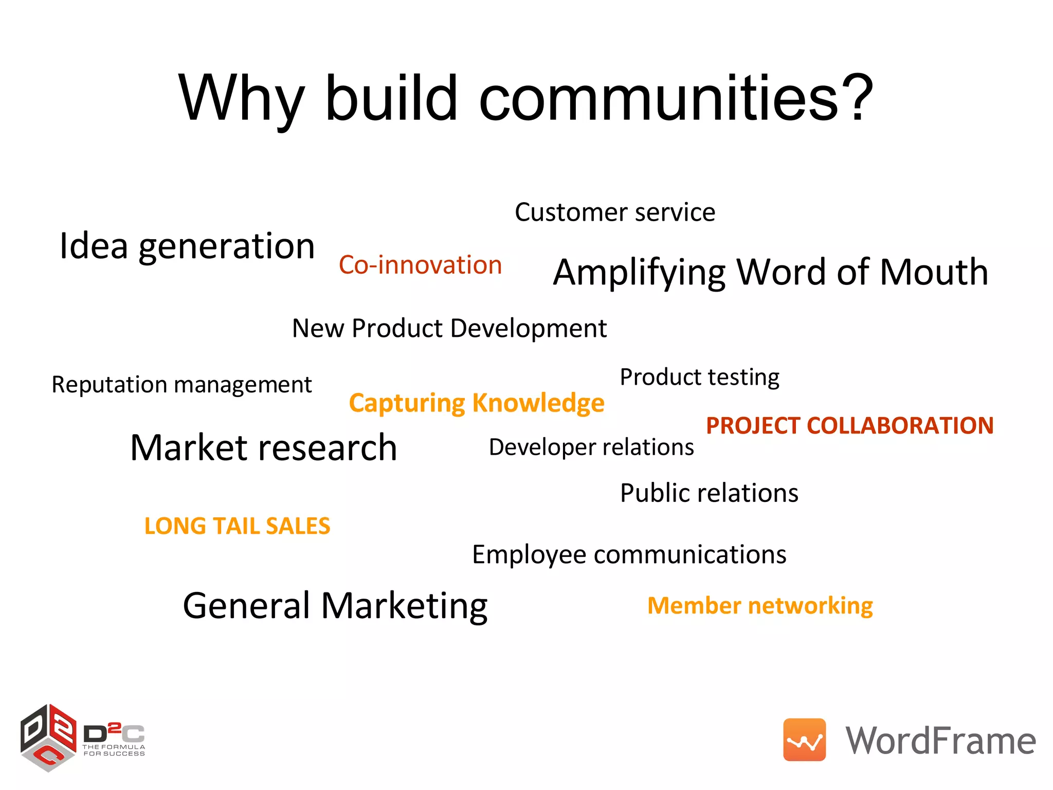 Why build communities? New Product Development Customer service Idea generation Market research Developer relations Amplifying Word of Mouth Employee communications General Marketing Reputation management Product testing Public relations LONG TAIL SALES PROJECT COLLABORATION Co-innovation Member networking Capturing Knowledge 