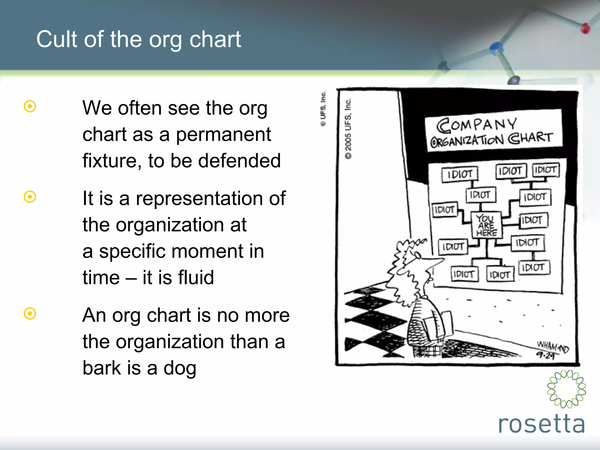 Cult of the org chart We often see the org  chart as a permanent  fixture, to be defended It is a representation of  the organization at  a specific moment in  time – it is fluid An org chart is no more  the organization than a  bark is a dog 