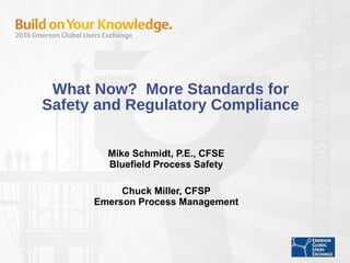 What Now?  More Standards for Safety and Regulatory Compliance Mike Schmidt, P.E., CFSE Bluefield Process Safety Chuck Miller, CFSP Emerson Process Management 