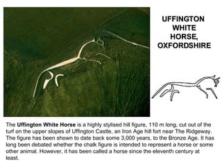The  Uffington White Horse  is a highly stylised hill figure, 110 m long, cut out of the turf on the upper slopes of Uffington Castle, an Iron Age hill fort near The Ridgeway. The figure has been shown to date back some 3,000 years, to the Bronze Age. It has long been debated whether the chalk figure is intended to represent a horse or some other animal. However, it has been called a horse since the eleventh century at least. UFFINGTON  WHITE HORSE, OXFORDSHIRE 