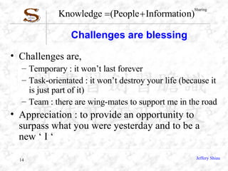 Challenges are blessing Challenges are, Temporary : it won’t last forever  Task-orientated : it won’t destroy your life (because it is just part of it) Team : there are wing-mates to support me in the road Appreciation : to provide an opportunity to surpass what you were yesterday and to be a new ‘ I ‘ 
