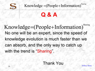 Q & A No one will be an expert, since the speed of knowledge evolution is much faster than we can absorb, and the only way to catch up with the trend is “ Sharing ”. Thank You 
