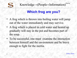 Which frog are you? A frog which is thrown into boiling water will jump out of the water immediately and may survive.  A frog which is placed in cold water and heated up gradually will stay in the pot and becomes part of the soup.  To be successful, one must  examine the interaction between himself and the environment and be brave enough to fight for the inertia. 