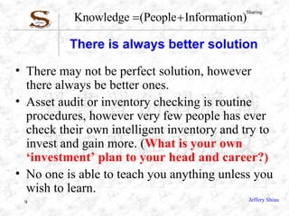 There is always better solution There may not be perfect solution, however there always be better ones. Asset audit or inventory checking is routine procedures, however very few people has ever check their own intelligent inventory and try to invest and gain more. ( What is your own ‘investment’ plan to your head and career?) No one is able to teach you anything unless you wish to learn. 