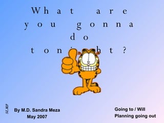 What are you gonna do tonight? Going to / Will Planning going out By M.D. Sandra Meza May 2007 SEMP 