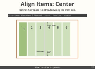Flex Container Properties
Align Items: Center
Deﬁnes how space is distributed along the cross axis.
align-items: flex-star...