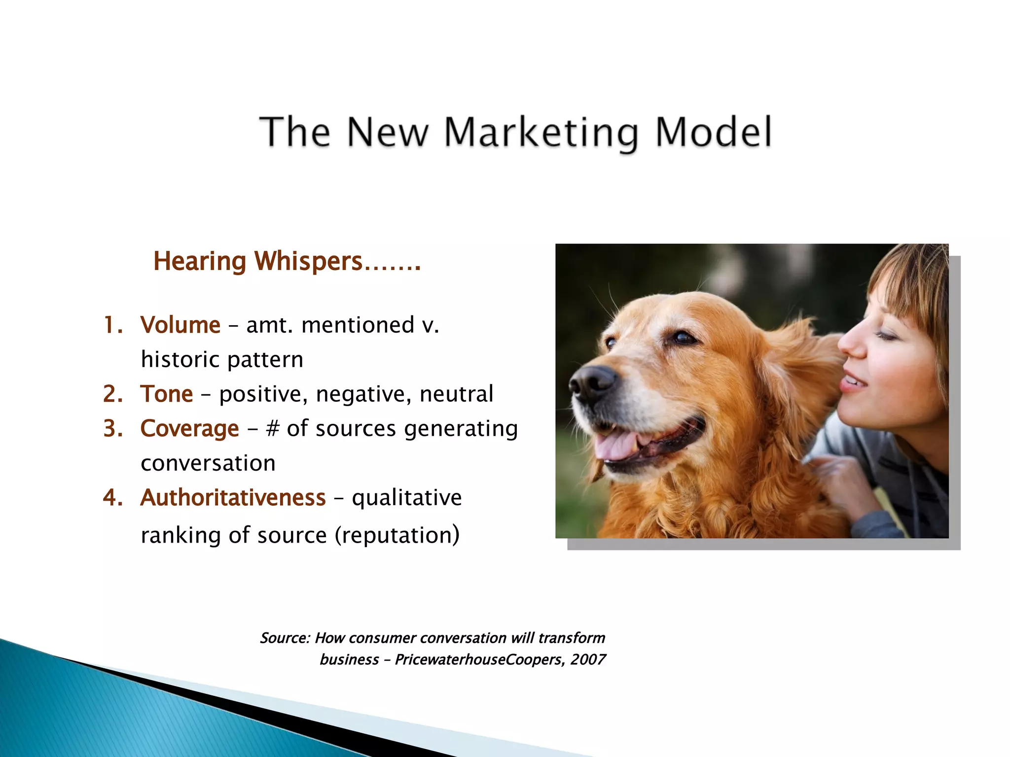 Volume  – amt. mentioned v. historic pattern Tone  – positive, negative, neutral Coverage  - # of sources generating conversation Authoritativeness  – qualitative ranking of source (reputation ) Hearing Whispers……. Source: How consumer conversation will transform business – PricewaterhouseCoopers, 2007 