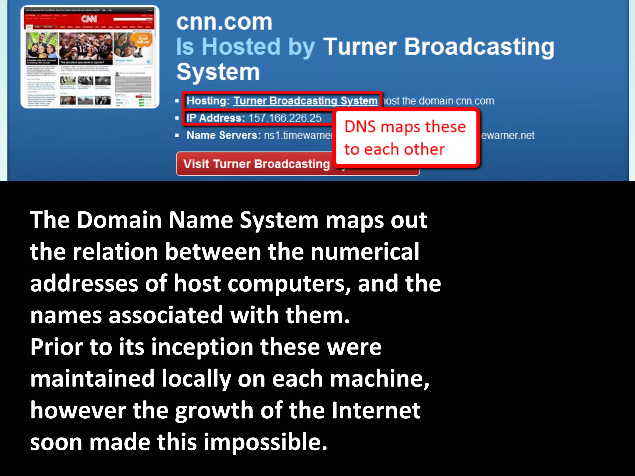 The Domain Name System maps out
the relation between the numerical
addresses of host computers, and the
names associated with them.
Prior to its inception these were
maintained locally on each machine,
however the growth of the Internet
soon made this impossible.
 