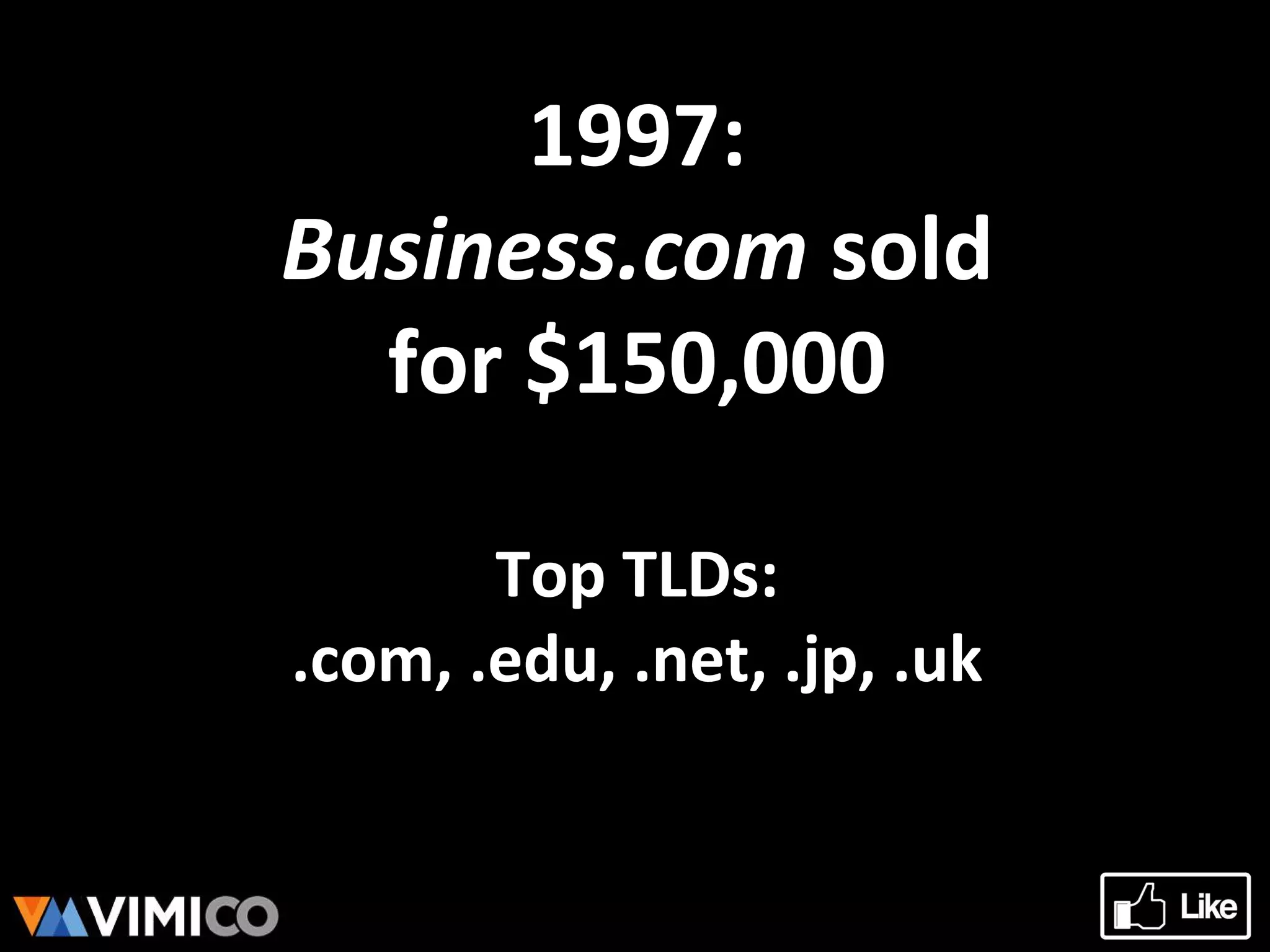 1997:
Business.com sold
for $150,000
Top TLDs:
.com, .edu, .net, .jp, .uk
 