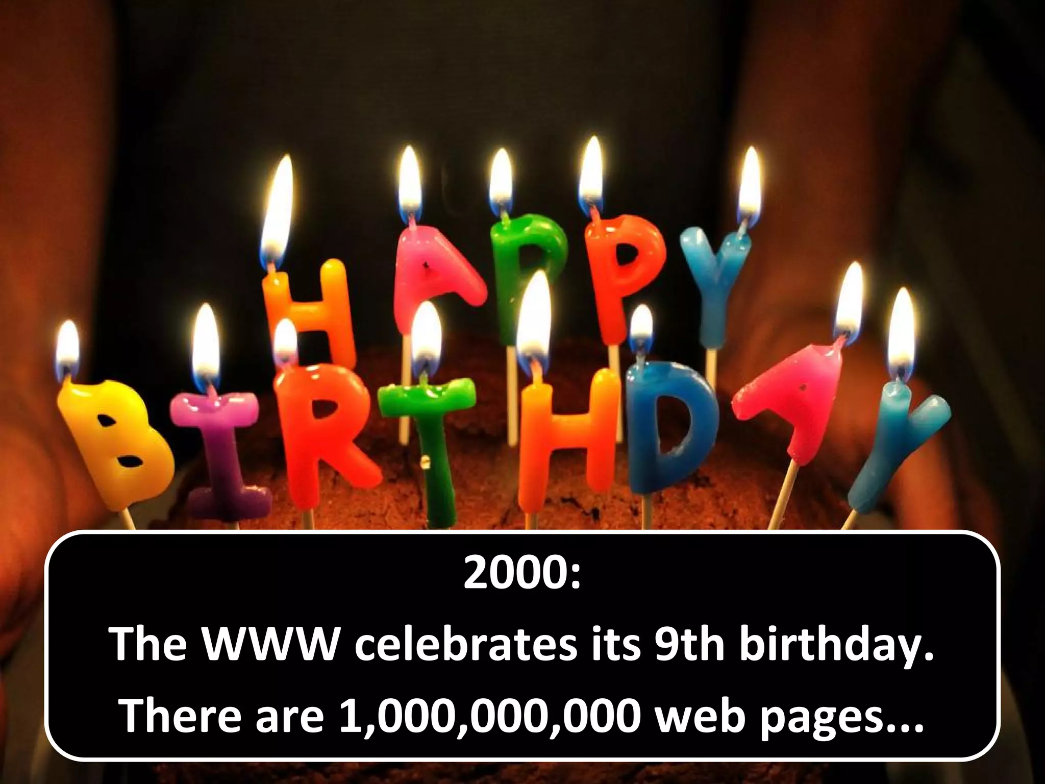 2000:
The WWW celebrates its 9th birthday.
There are 1,000,000,000 web pages...
 