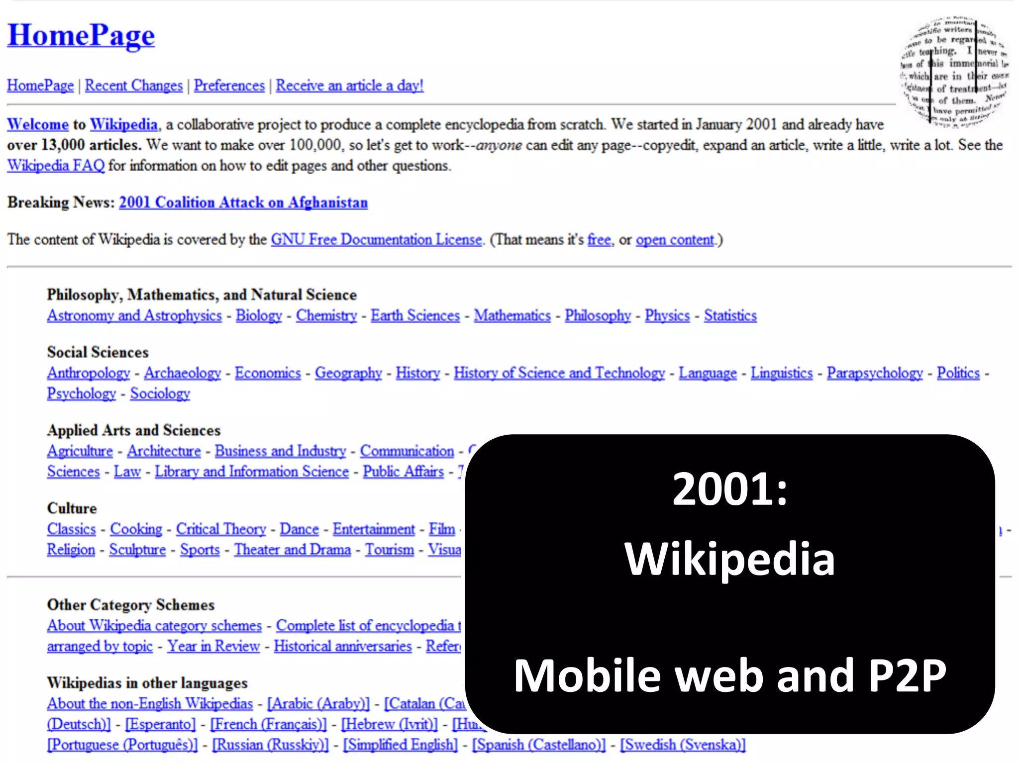 2001:
Wikipedia
Mobile web and P2P
 