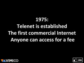 1975:
Telenet is established
The first commercial Internet
Anyone can access for a fee
 
