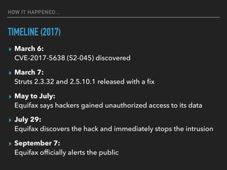 HOW IT HAPPENED...
TIMELINE (2017)
▸ March 6:  
CVE-2017-5638 (S2-045) discovered
▸ March 7:  
Struts 2.3.32 and 2.5.10.1 released with a ﬁx
▸ May to July:  
Equifax says hackers gained unauthorized access to its data
▸ July 29:  
Equifax discovers the hack and immediately stops the intrusion
▸ September 7:  
Equifax ofﬁcially alerts the public
 