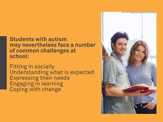 Students with autism
may nevertheless face a number
of common challenges at
school:
Fitting in socially 
Understanding what is expected
Expressing their needs
Engaging in learning
Coping with change
 