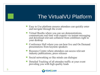 The VirtualVU Platform Easy to Use platform ensures attendees can quickly enter and navigate through the event Virtual Booths where you can see demonstrations, communicate real time with experts via instant messaging and download relevant collateral from exhibitors right to your desktop Conference Hall where you can hear live and On Demand presentations from keynote speakers Resource Centre where attendees can access relevant industry publications, press releases Social networking so like minds can dialogue Detailed Tracking of all attendee traffic at your event providing you with high quality leads 