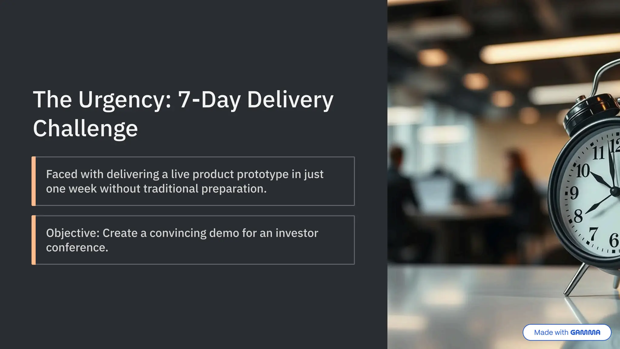 The Urgency: 7-Day Delivery
Challenge
Faced with delivering a live product prototype in just
one week without traditional preparation.
Objective: Create a convincing demo for an investor
conference.
 