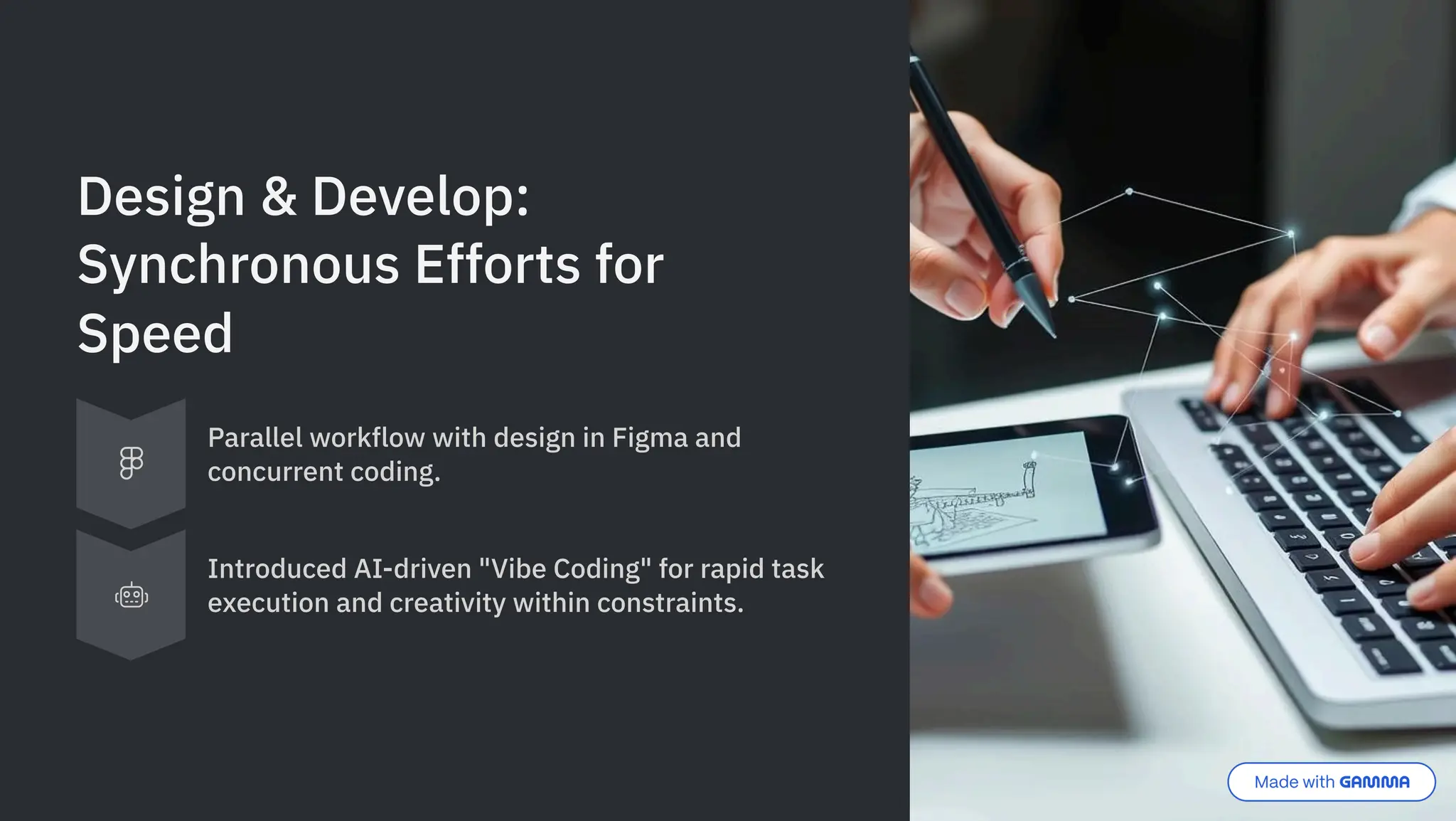 Design & Develop:
Synchronous Efforts for
Speed
Parallel workflow with design in Figma and
concurrent coding.
Introduced AI-driven "Vibe Coding" for rapid task
execution and creativity within constraints.
 