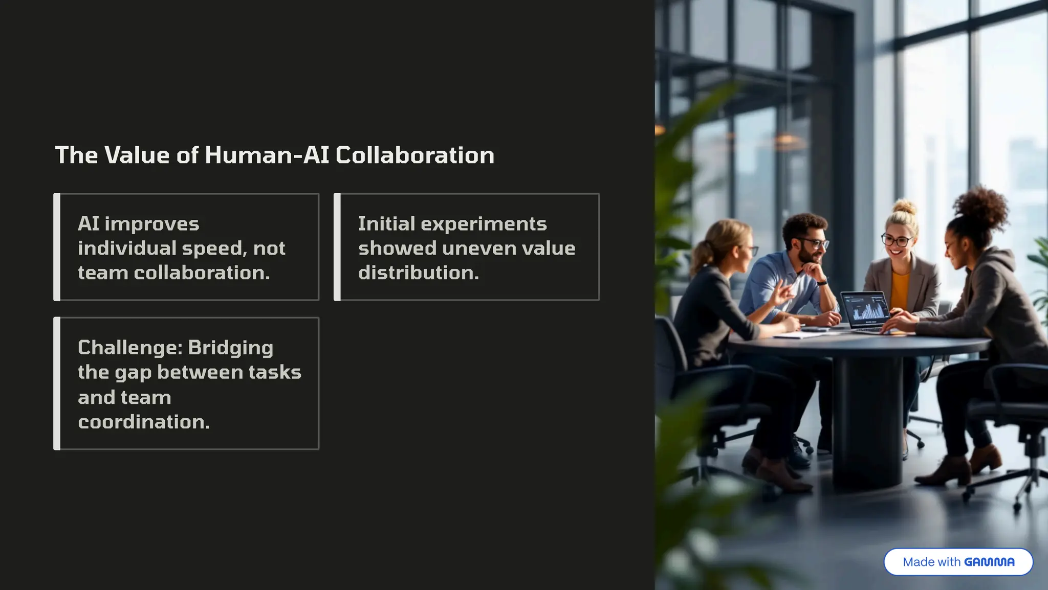 The Value of Human-AI Collaboration
AI improves
individual speed, not
team collaboration.
Initial experiments
showed uneven value
distribution.
Challenge: Bridging
the gap between tasks
and team
coordination.
 