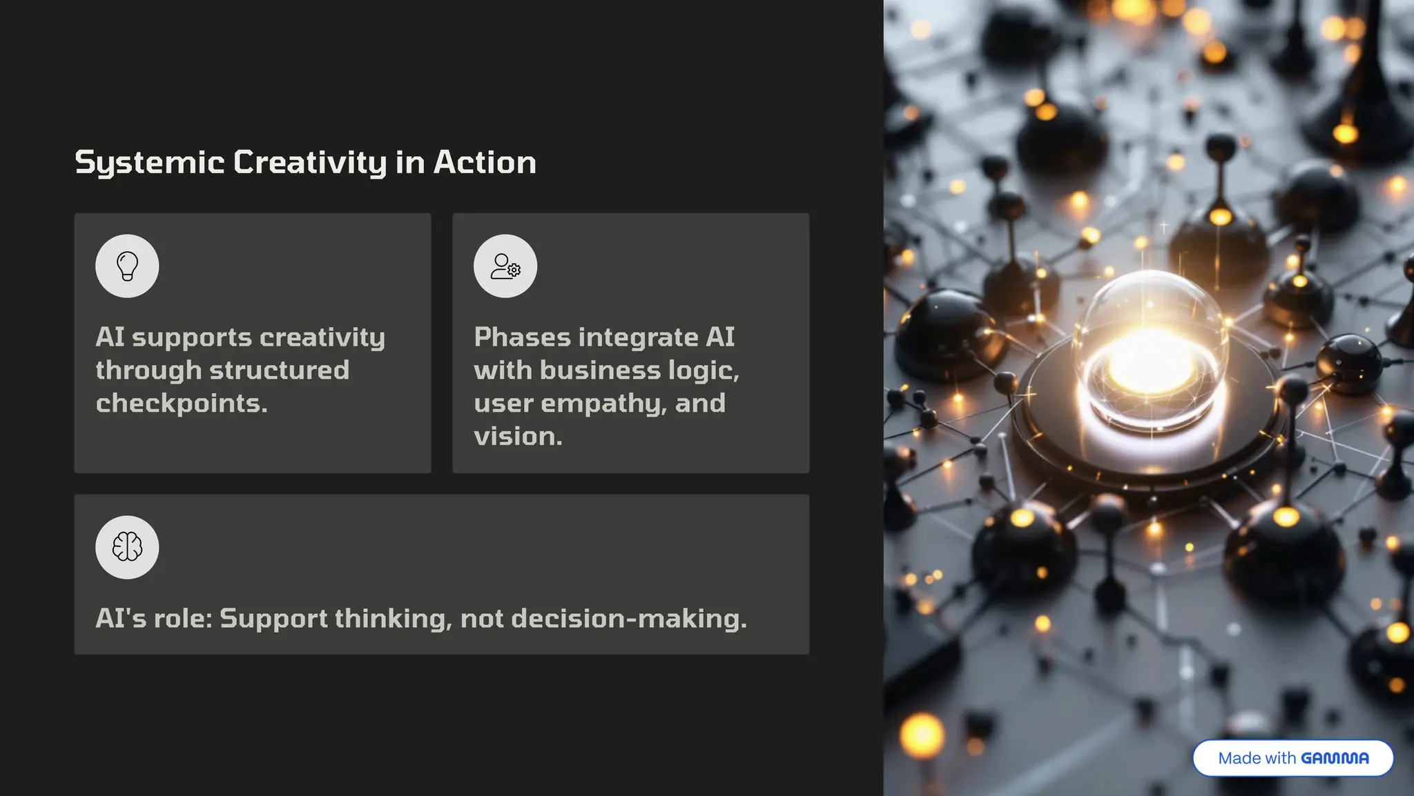 Systemic Creativity in Action
AI supports creativity
through structured
checkpoints.
Phases integrate AI
with business logic,
user empathy, and
vision.
AI's role: Support thinking, not decision-making.
 
