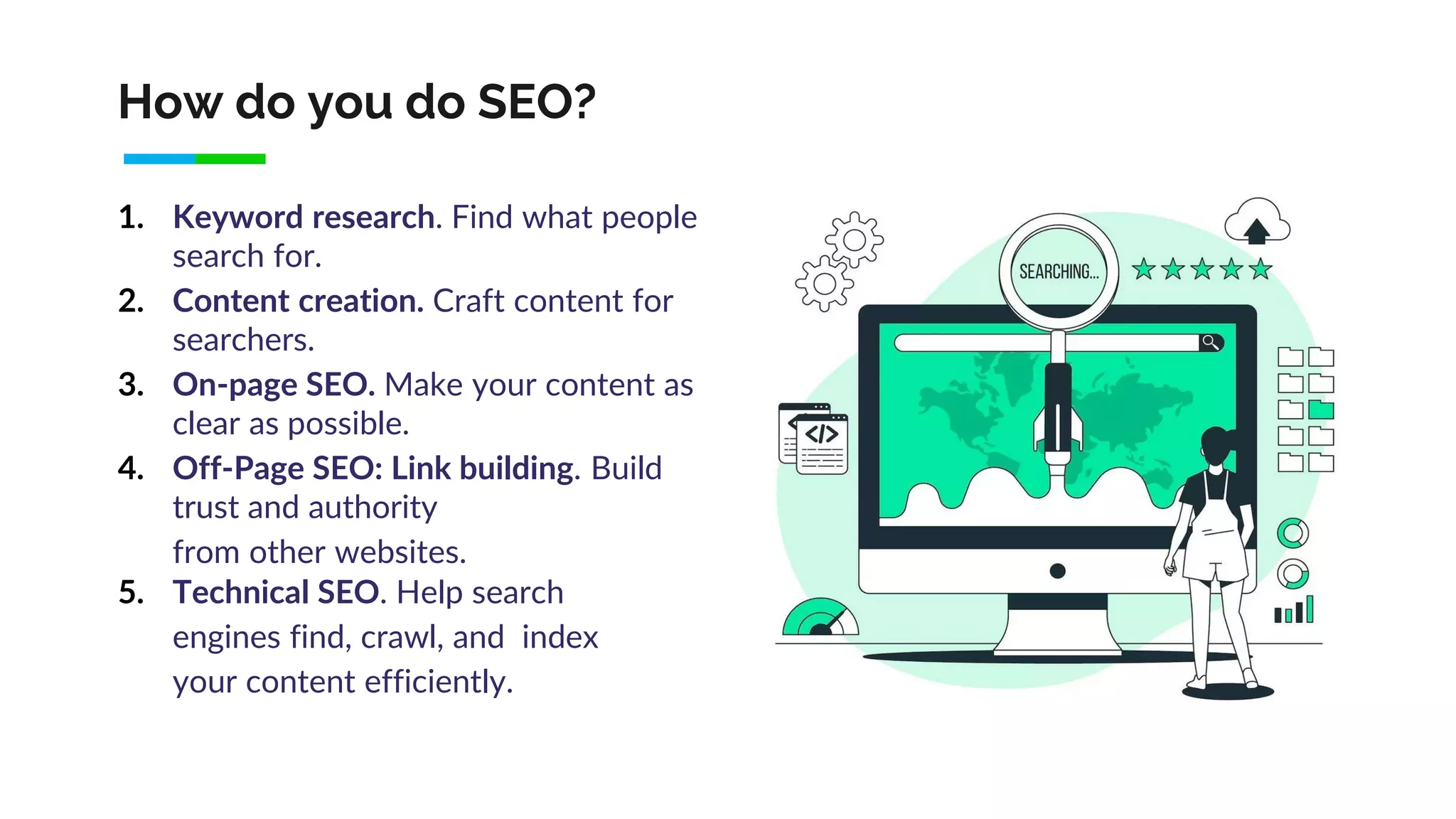 How do you do SEO?
1. Keyword research. Find what people
search for.
2. Content creation. Craft content for
searchers.
3. On-page SEO. Make your content as
clear as possible.
4. Off-Page SEO: Link building. Build
trust and authority
from other websites.
5. Technical SEO. Help search
engines find, crawl, and index
your content efficiently.
 