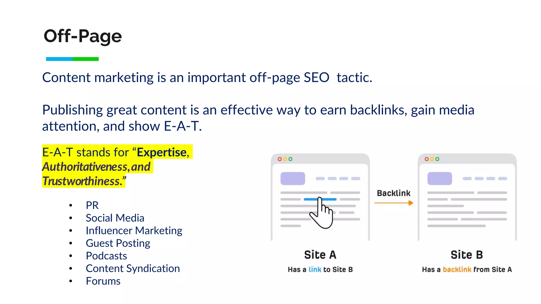 Off-Page
Content marketing is an important off-page SEO tactic.
Publishing great content is an effective way to earn backlinks, gain media
attention, and show E-A-T.
• PR
• Social Media
• Influencer Marketing
• Guest Posting
• Podcasts
• Content Syndication
• Forums
E-A-T stands for “Expertise,
Authoritativeness,and
Trustworthiness.”
 