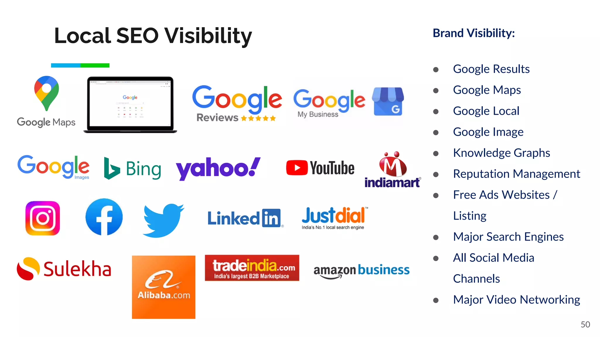 Local SEO Visibility
50
Brand Visibility:
● Google Results
● Google Maps
● Google Local
● Google Image
● Knowledge Graphs
● Reputation Management
● Free Ads Websites /
Listing
● Major Search Engines
● All Social Media
Channels
● Major Video Networking
 