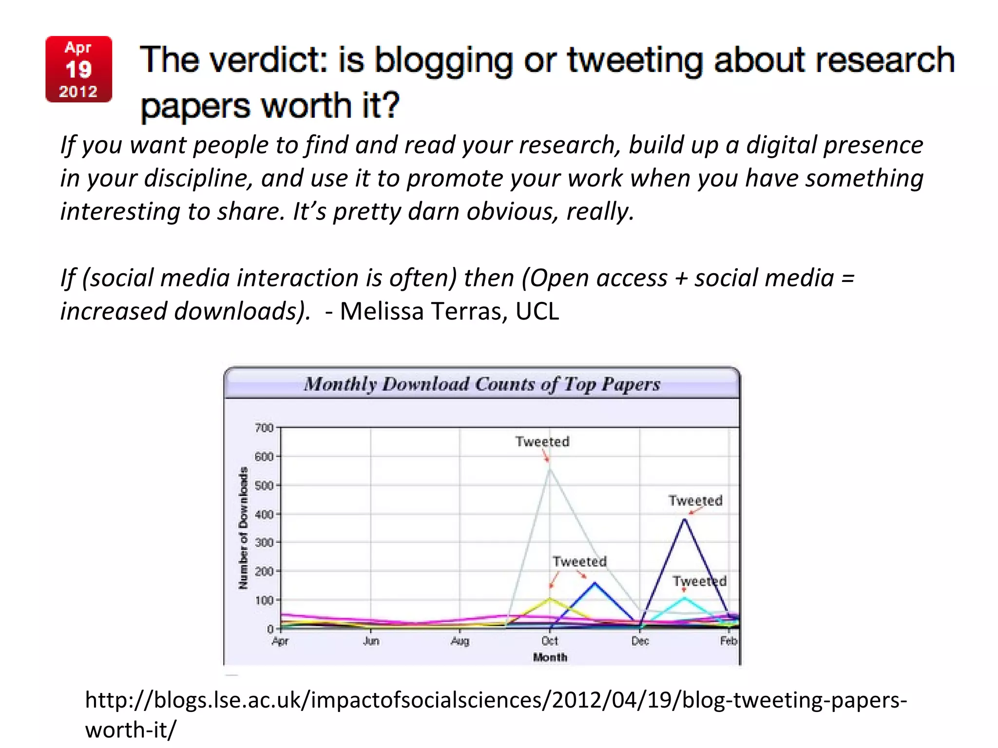If you want people to find and read your research, build up a digital presence
in your discipline, and use it to promote your work when you have something
interesting to share. It’s pretty darn obvious, really.

If (social media interaction is often) then (Open access + social media =
increased downloads). - Melissa Terras, UCL




  http://blogs.lse.ac.uk/impactofsocialsciences/2012/04/19/blog-tweeting-papers-
  worth-it/
 