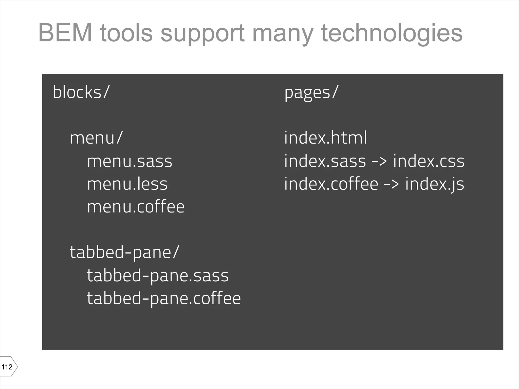 BEM tools support many technologies

       blocks/                  pages/

         menu/                  index.html
          menu.sass             index.sass -> index.css
          menu.less             index.coffee -> index.js
          menu.coffee

         tabbed-pane/
           tabbed-pane.sass
           tabbed-pane.coffee


112
 