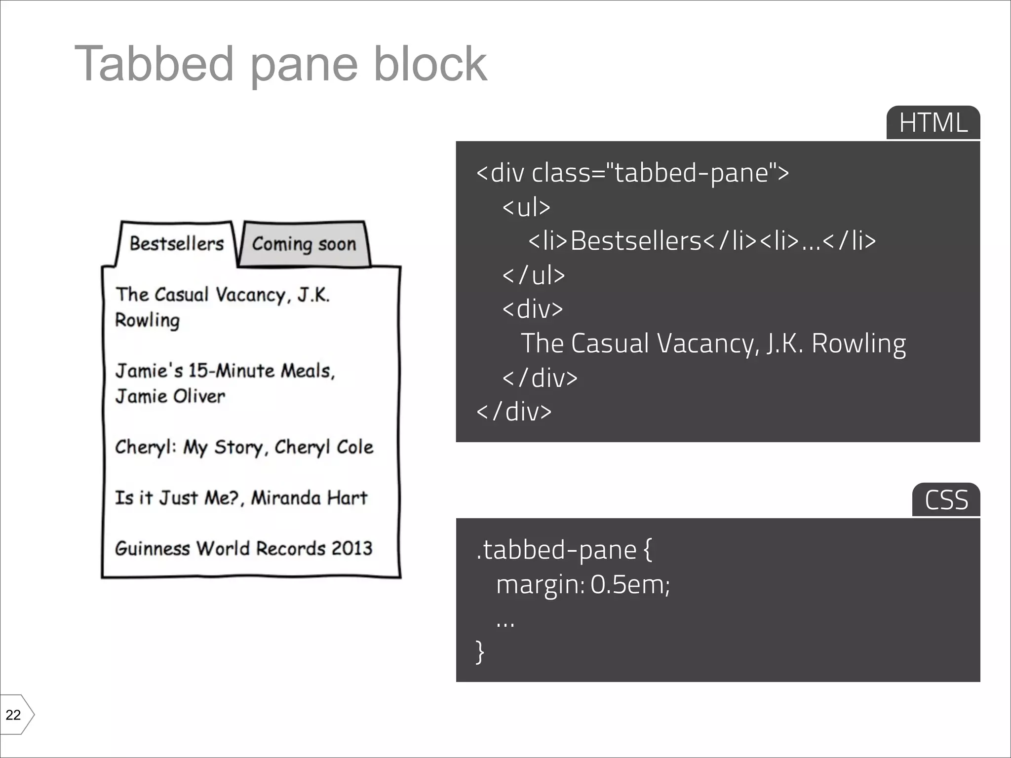 Tabbed pane block
                                                        HTML
                     <div class="tabbed-pane">
                       <ul>
                         <li>Bestsellers</li><li>...</li>
                       </ul>
                       <div>
                         The Casual Vacancy, J.K. Rowling
                       </div>
                     </div>


                                                            CSS
                     .tabbed-pane {
                       margin: 0.5em;
                       ...
                     }

22
 