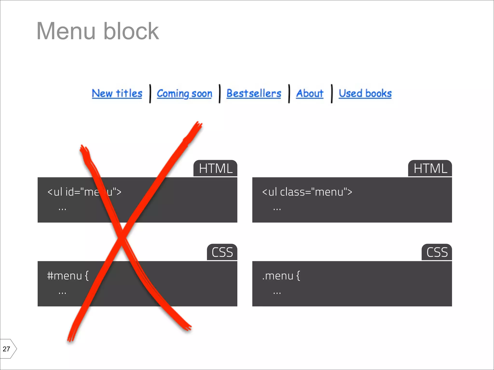 Menu block




                      HTML                       HTML
     <ul id="menu">          <ul class="menu">
       ...                     ...



                       CSS                        CSS
     #menu {                 .menu {
      ...                      ...



27
 