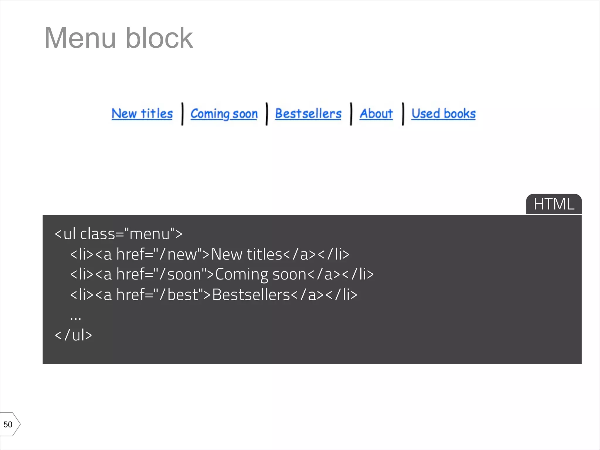 Menu block




                                                  HTML
     <ul class="menu">
       <li><a href="/new">New titles</a></li>
       <li><a href="/soon">Coming soon</a></li>
       <li><a href="/best">Bestsellers</a></li>
       ...
     </ul>




50
 