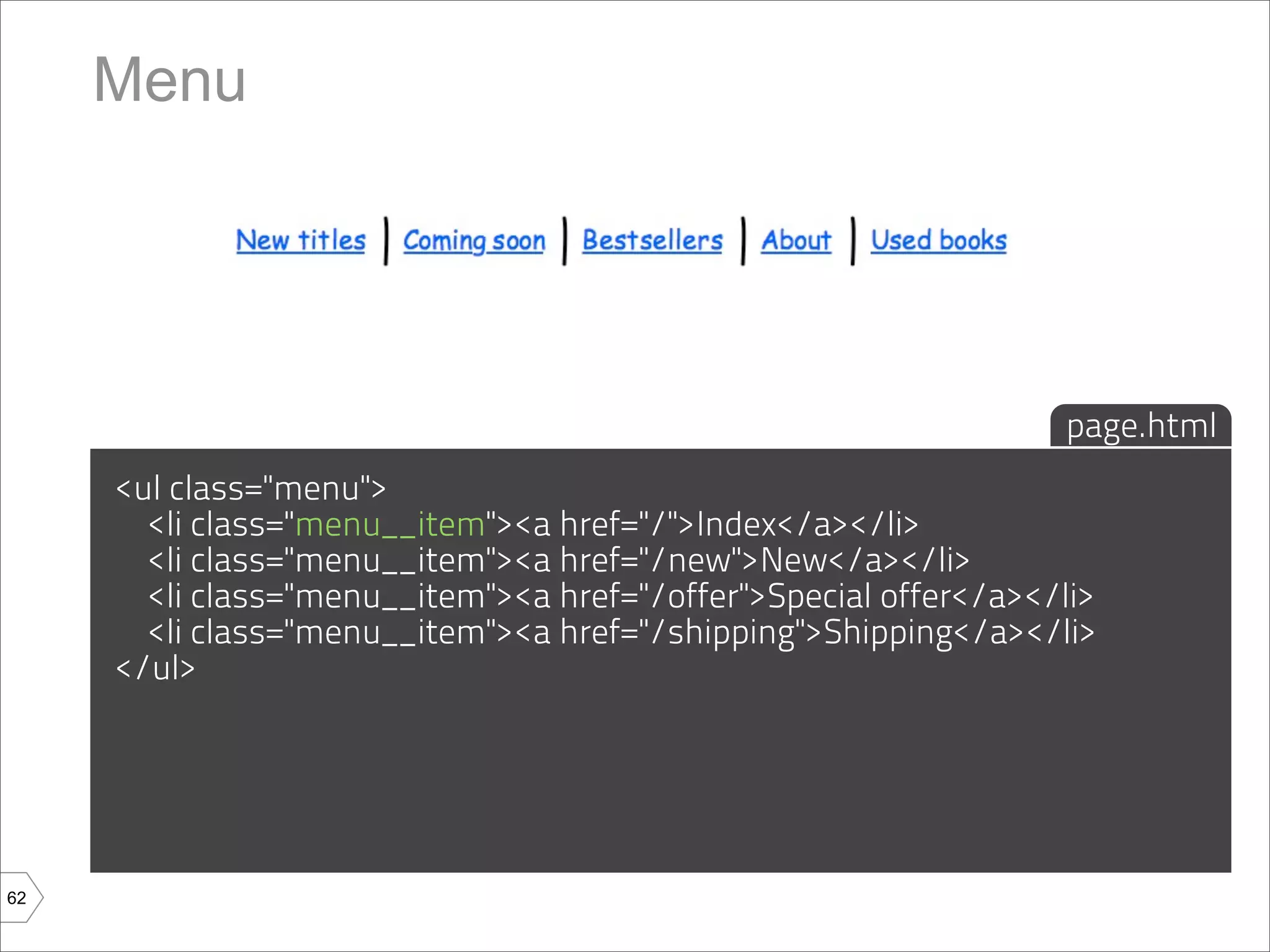 Menu




                                                                  page.html
     <ul class="menu">
       <li class="menu__item"><a href="/">Index</a></li>
       <li class="menu__item"><a href="/new">New</a></li>
       <li class="menu__item"><a href="/offer">Special offer</a></li>
       <li class="menu__item"><a href="/shipping">Shipping</a></li>
     </ul>




62
 