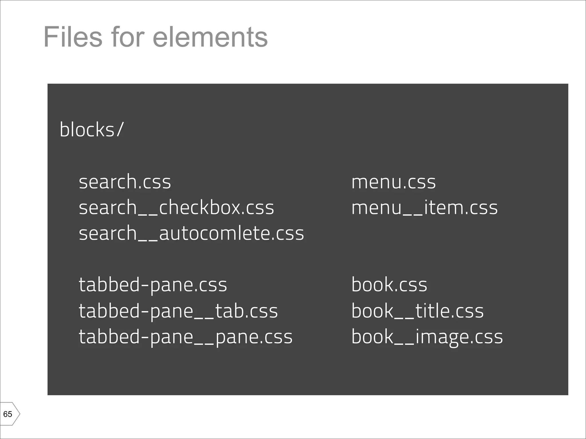 Files for elements


      blocks/

        search.css                menu.css
        search__checkbox.css      menu__item.css
        search__autocomlete.css

        tabbed-pane.css           book.css
        tabbed-pane__tab.css      book__title.css
        tabbed-pane__pane.css     book__image.css


65
 