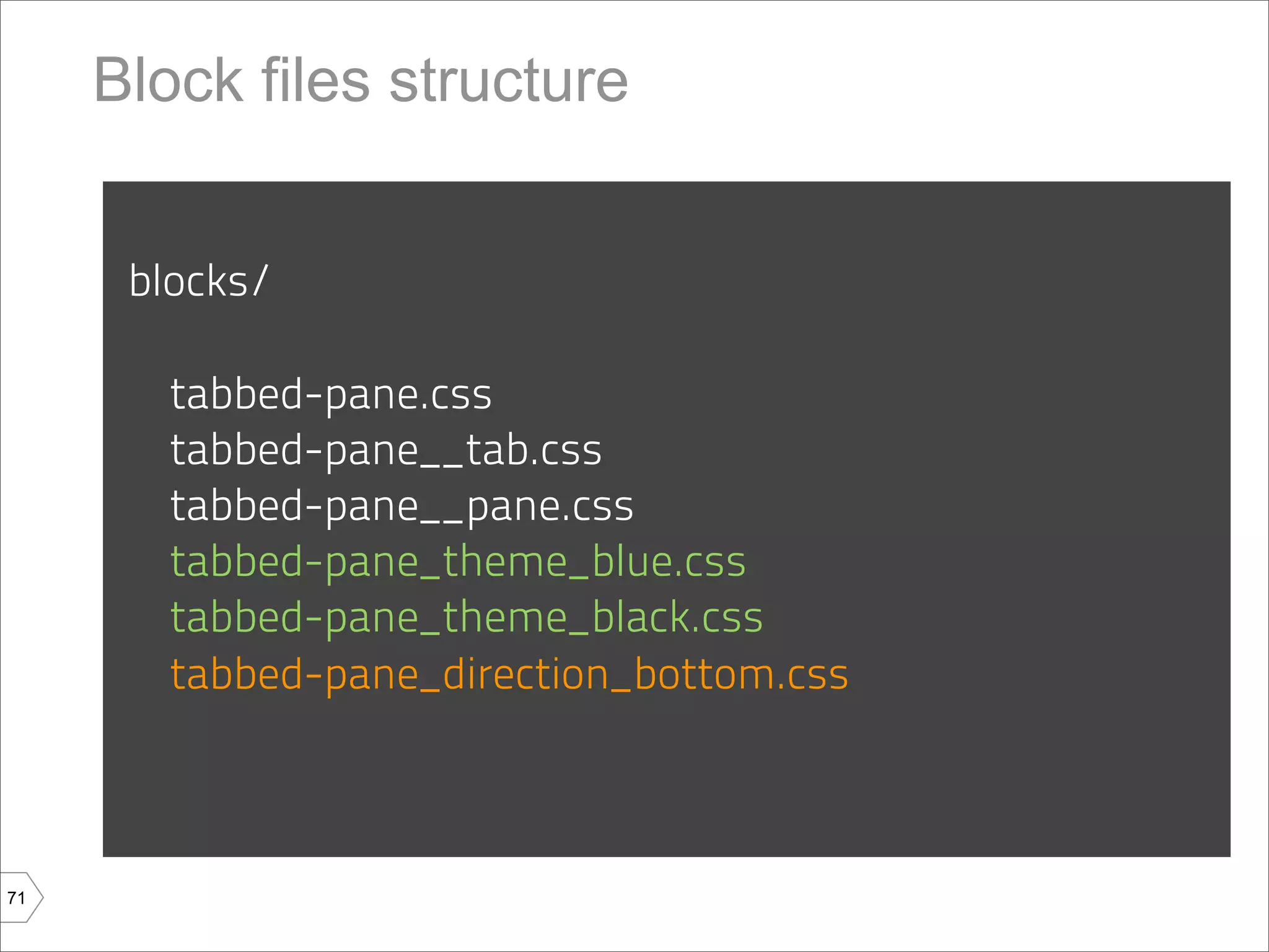 Block files structure


      blocks/

        tabbed-pane.css
        tabbed-pane__tab.css
        tabbed-pane__pane.css
        tabbed-pane_theme_blue.css
        tabbed-pane_theme_black.css
        tabbed-pane_direction_bottom.css



71
 