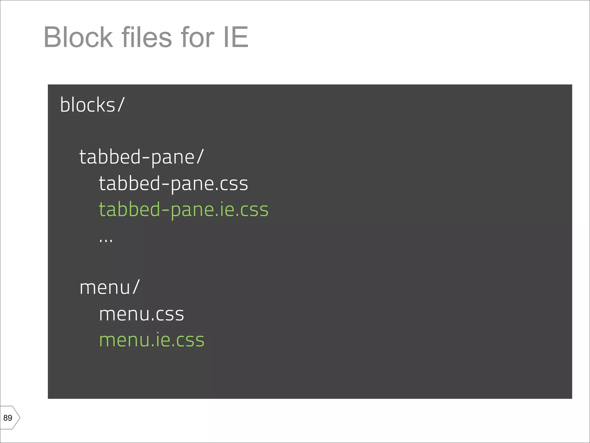 Block files for IE

      blocks/

        tabbed-pane/
          tabbed-pane.css
          tabbed-pane.ie.css
          ...

        menu/
         menu.css
         menu.ie.css


89
 