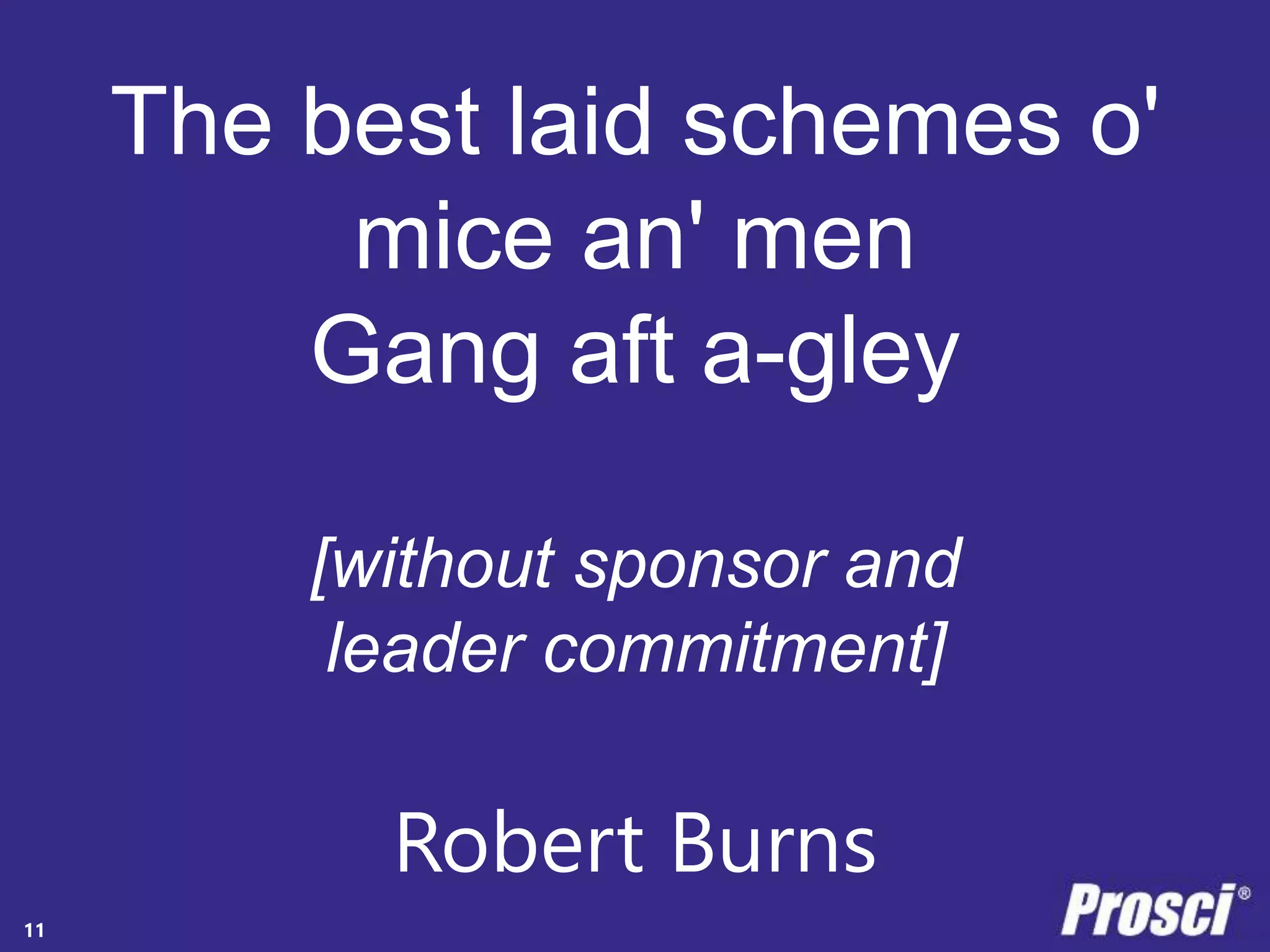 The best laid schemes o' 
Copyright Prosci 2014. All rights reserved. 
mice an' men 
Gang aft a-gley 
[without sponsor and 
leader commitment] 
Robert Burns 
11 
 
