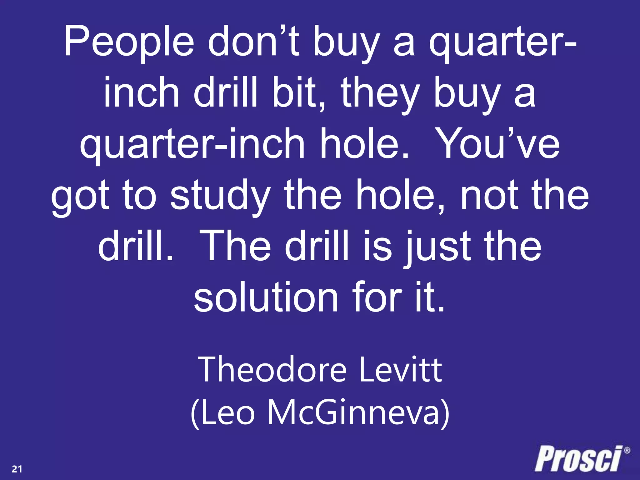 People don’t buy a quarter-inch 
Copyright Prosci 2014. All rights reserved. 
drill bit, they buy a 
quarter-inch hole. You’ve 
got to study the hole, not the 
drill. The drill is just the 
solution for it. 
Theodore Levitt 
(Leo McGinneva) 
21 
 
