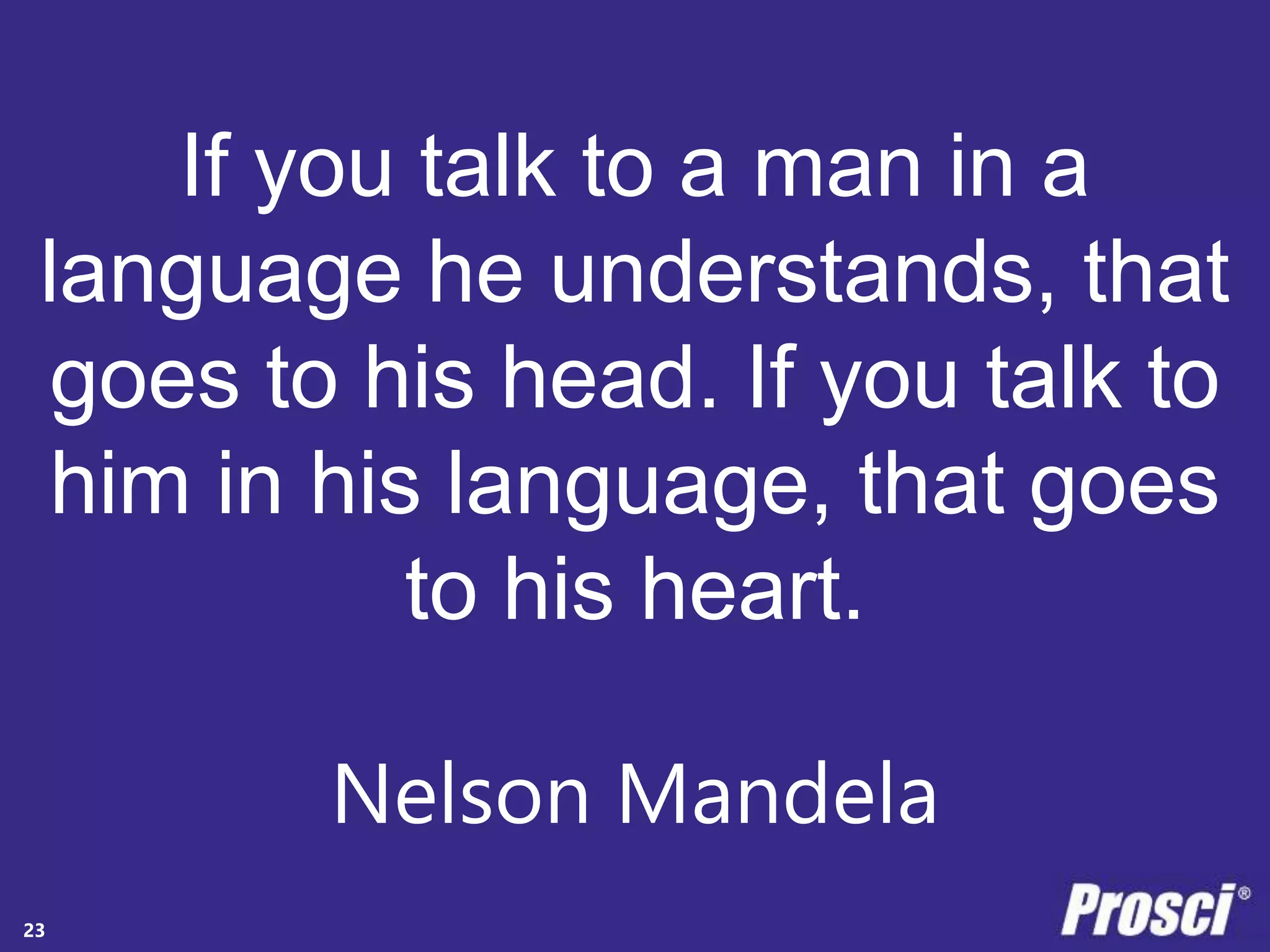 If you talk to a man in a 
language he understands, that 
goes to his head. If you talk to 
him in his language, that goes 
Copyright Prosci 2014. All rights reserved. 
to his heart. 
Nelson Mandela 
23 
 