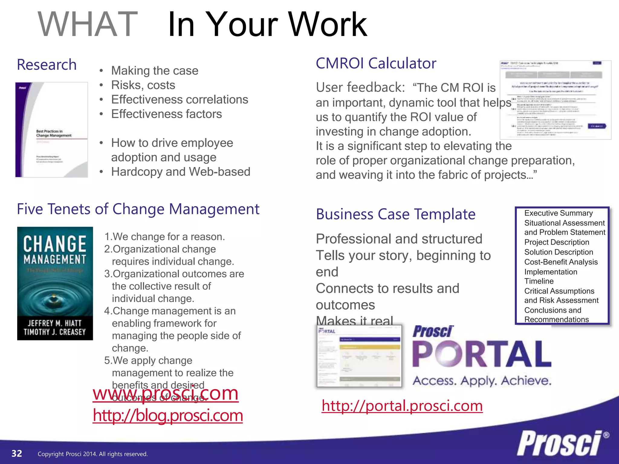 WHAT In Your Work 
CMROI Calculator • Making the case 
• Risks, costs 
• Effectiveness correlations 
• Effectiveness factors 
Five Tenets of Change Management Business Case Template 
Copyright Prosci 2014. All rights reserved. 
32 
User feedback: “The CM ROI is 
an important, dynamic tool that helps 
us to quantify the ROI value of 
investing in change adoption. 
It is a significant step to elevating the 
role of proper organizational change preparation, 
and weaving it into the fabric of projects…” 
Executive Summary 
Situational Assessment 
and Problem Statement 
Project Description 
Solution Description 
Cost-Benefit Analysis 
Implementation 
Timeline 
Critical Assumptions 
and Risk Assessment 
Conclusions and 
Recommendations 
Professional and structured 
Tells your story, beginning to 
end 
Connects to results and 
outcomes 
Makes it real 
1.We change for a reason. 
2.Organizational change 
requires individual change. 
3.Organizational outcomes are 
the collective result of 
individual change. 
4.Change management is an 
enabling framework for 
managing the people side of 
change. 
5.We apply change 
management to realize the 
benefits and desired 
wwouwtco.mpesr oof cshcanig.ec.om 
http://blog.prosci.com 
http://portal.prosci.com 
• How to drive employee 
adoption and usage 
• Hardcopy and Web-based 
Research 
 