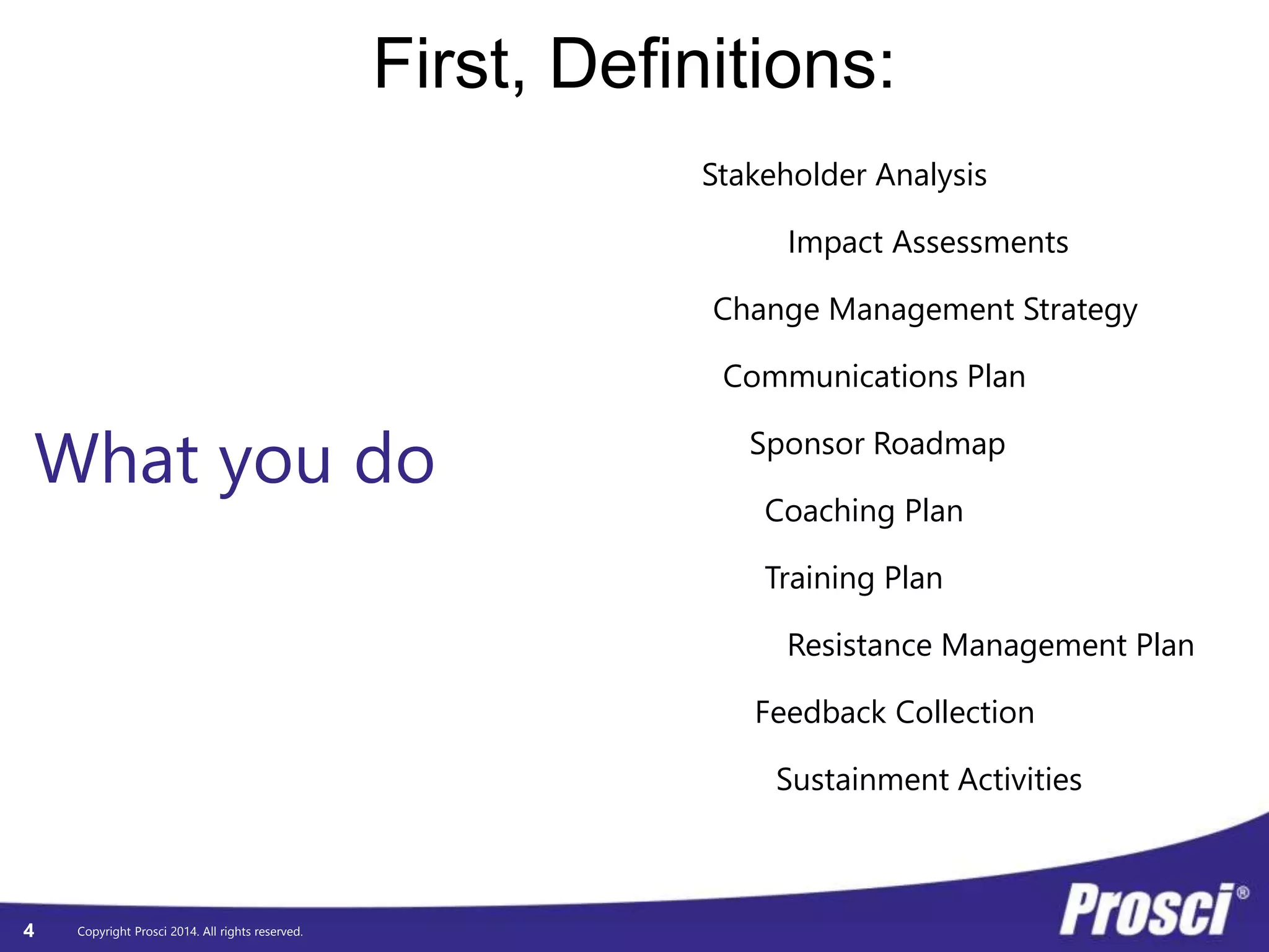 Copyright Prosci 2014. All rights reserved. 
First, Definitions: 
4 
Stakeholder Analysis 
Impact Assessments 
Change Management Strategy 
Communications Plan 
Sponsor Roadmap 
Coaching Plan 
Training Plan 
Resistance Management Plan 
Feedback Collection 
Sustainment Activities 
What you do 
 