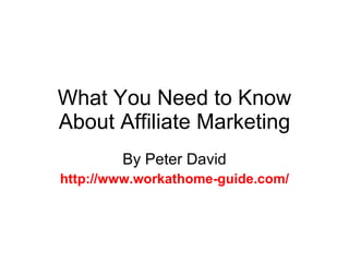What You Need to Know About Affiliate Marketing By Peter David http://www.workathome-guide.com/ 