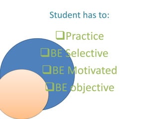 Student has to:
Practice
BE Selective
BE Motivated
BE objective
 
